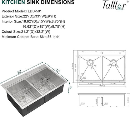 33 Inch Drop-In Double Bowl Kitchen Sink, 50/50 Low Divide 16 Gauge 304 Stainless Steel Workstation All-In One Sink, Brushed Finish #TLDB-501