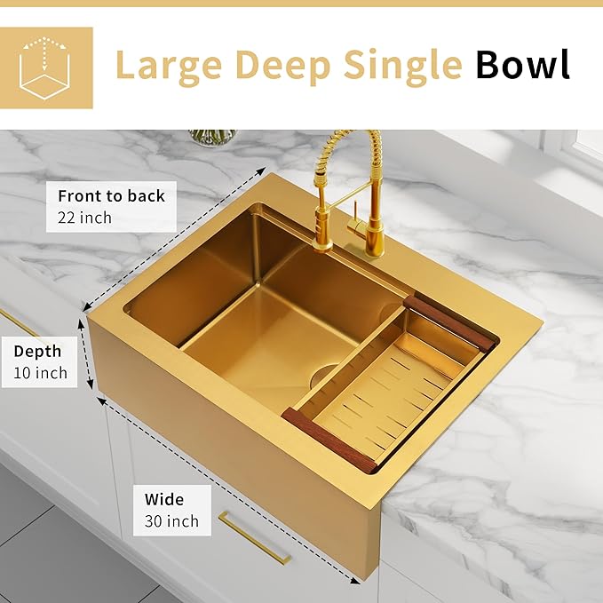 30 Inch Farmhouse Gold Sink, 16 Gauge 304 Stainless Steel Farm Sinks, Drop In Topmount Single Bowl Workstation Sink with all Accessories, 30" x 22" x 10" Large and Deep Kitchen Sink