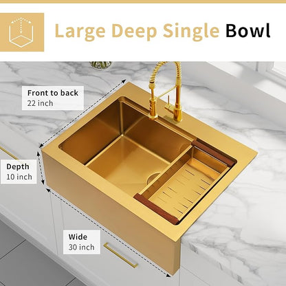 30 Inch Farmhouse Gold Sink, 16 Gauge 304 Stainless Steel Farm Sinks, Drop In Topmount Single Bowl Workstation Sink with all Accessories, 30" x 22" x 10" Large and Deep Kitchen Sink