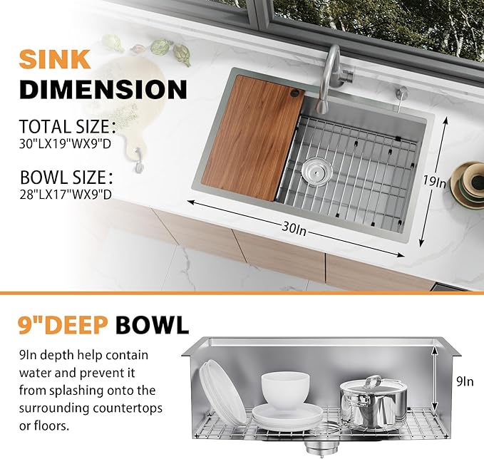 Kitchen Sink Workstation,30 x 19 Inch Stainless Steel Undermount Single Bowl Kitchen Sink Built-in Ledge Drop In Workstation Sink Nice For Placing/Sliding Accessories-Cutting Board,Drying Rack ...