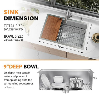 Kitchen Sink Workstation,30 x 19 Inch Stainless Steel Undermount Single Bowl Kitchen Sink Built-in Ledge Drop In Workstation Sink Nice For Placing/Sliding Accessories-Cutting Board,Drying Rack ...