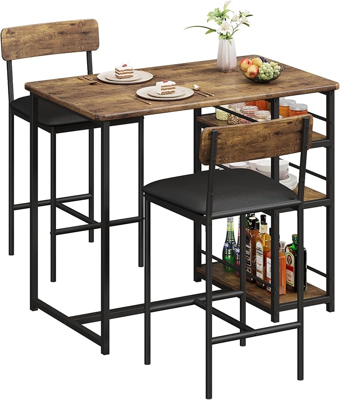 Takywep Dining Table Set for 2 with 3 Large Storage Shelves, Kitchen Table and Chairs for 2 with Pu Cushion Chairs & Thick Wood Top, 3 Piece Dining Table Set for Small Space, Apartment, Brown