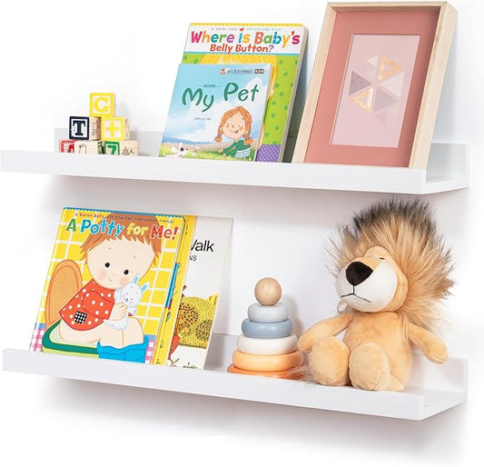 FLYJOE Picture Ledge Shelf for Wall, 24 inch Solid Ash Wood Nursery Book Shelves 2 Packs, Floating Shelves for Kids' Room Bedroom Bathroom Living Room Photo Frames Office Nursey Wall Decor, White