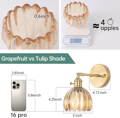 Shenmoyl Vintage Wall Sconces with Amber Tulip Glass Lampshade 180 Degree Adjustable Brass Sconces Hradwired Modern Wall Lighting Fixture with Switch for Bedside Bedroom Doorway