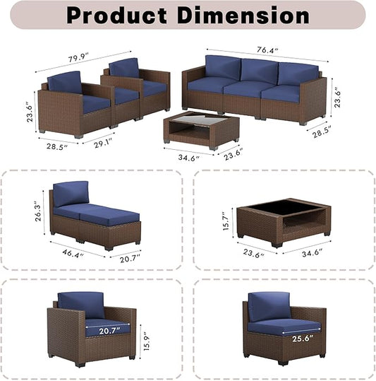 Patio Furniture Set 7 Pieces Conversation Set Wicker Outdoor Sectional Sofa,Ergonomic Armrests Couch with Cushion and Glass Table (Brown-Navy, 7 Piece-Double)