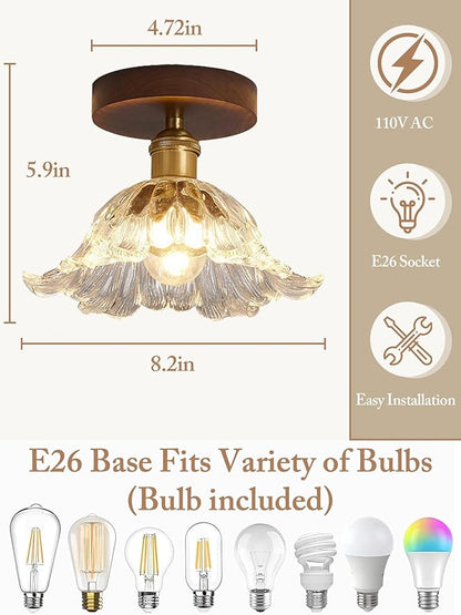 Semi Flush Mount Ceiling Light, Flower Ceiling Light Fixture, Wood Kitchen Ceiling Lights with Glass Shade, Vintage Lighting for Bedroom Bathroom Entryway Hallway, Included Bulb
