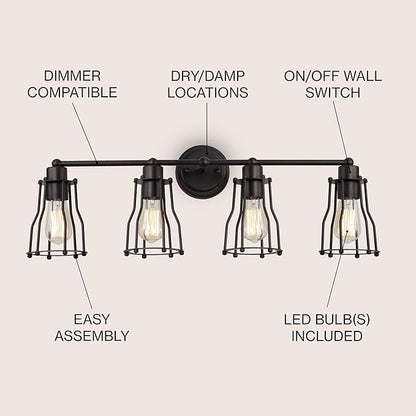 JONATHAN Y 29.5" Oil Rubbed Bronze Modern Industrial Metal Vanity Light, Bathroom Sconce for Mirror, Reversible 4-Light Wall Lamp with Metal Cage Shade for Hallway, LED Bulb Included (JYL7422A)