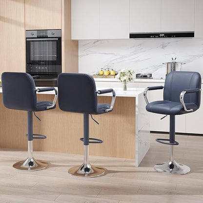 MALOL Set of 3 Blue Counter Height Stools with Backs – Adjustable Swivel Kitchen Island Seating, Modern Upholstered Chairs for Home Bar, Taburetes para Barra de Cocina