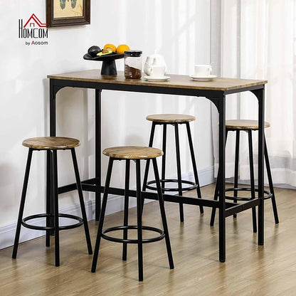 HOMCOM 5-Piece Counter Height Bar Table Set, Rustic 43.25" Dining Table with 4 Bar Stools, Kitchen Table with Wooden Top for Pub, Dining Room, Rustic Brown
