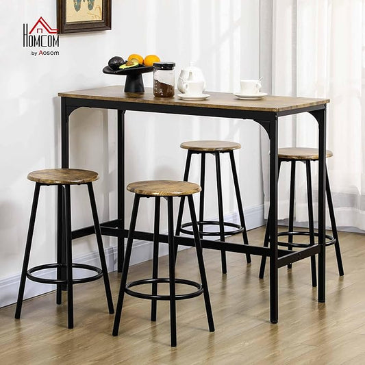 HOMCOM 5-Piece Counter Height Bar Table Set, Rustic 43.25" Dining Table with 4 Bar Stools, Kitchen Table with Wooden Top for Pub, Dining Room, Rustic Brown