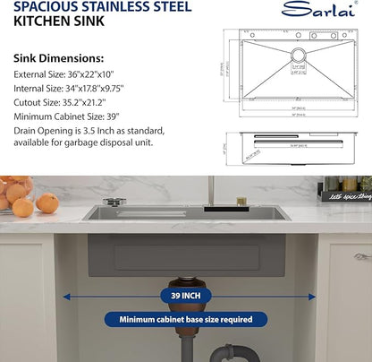 Sarlai 36 Inch Waterfall Kitchen Sink Workstation - 36x22 Waterfall Drop In Sink Stainless Steel 16 Gauge Sink Multifunction Single Bowl Smart Top Mount Kitchen Sinks with Faucet Combo