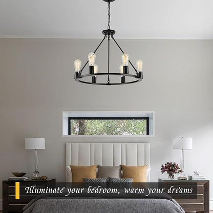 Black Chandelier, 6-Light Dining Room Light Fixture, Round Farmhouse Wagon Wheel Chandeliers for Dining Room Living Room Entryway Kitchen Island Dia 24"