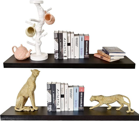 36 Inches Length Floating Shelves, Wall Shelf Set of 2, 12 inches Deep Hanging Shelf with Invisible Brackets, for Bathroom, Bedroom, Toilet, Kitchen, Office, Living Room Decor, Espresso Shelf