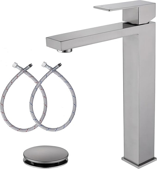 Brushed Nickel Vessel Sink Faucet, Tall Bathroom Faucet Single Hole Single Handle, Brushed Nickel Tall Bathroom Sink Faucet with Pop Up Drain, AML-11411-BN
