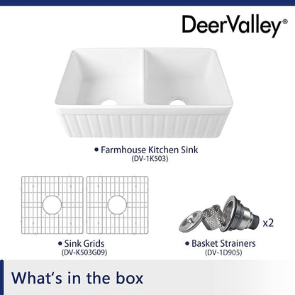 DeerValley Double Bowl Farmhouse Kitchen Sink 33 Inch, Fireclay Farm Sinks, Reversible Apron Front Deep Drop In Kitchen Sinks with Bottom Grid and Strainer