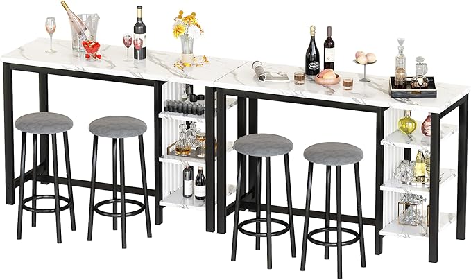 Lamerge Kitchen Furniture Bar Height Table and Chairs for 2 People, 4-Tier Compact Dining Room Table, White Faux Marble Top and 2 Grey Velvet Upholstered Seat, Modern Dining Set for Home/Studio/Office