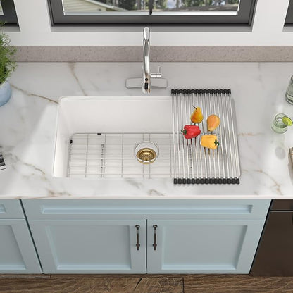 31 Granite Composite Kitchen Sink - Fulorni 31"×18" Granite Kitchen Sink White Undermount Quartz Classic Under Counter Single Bowl Sink Basin