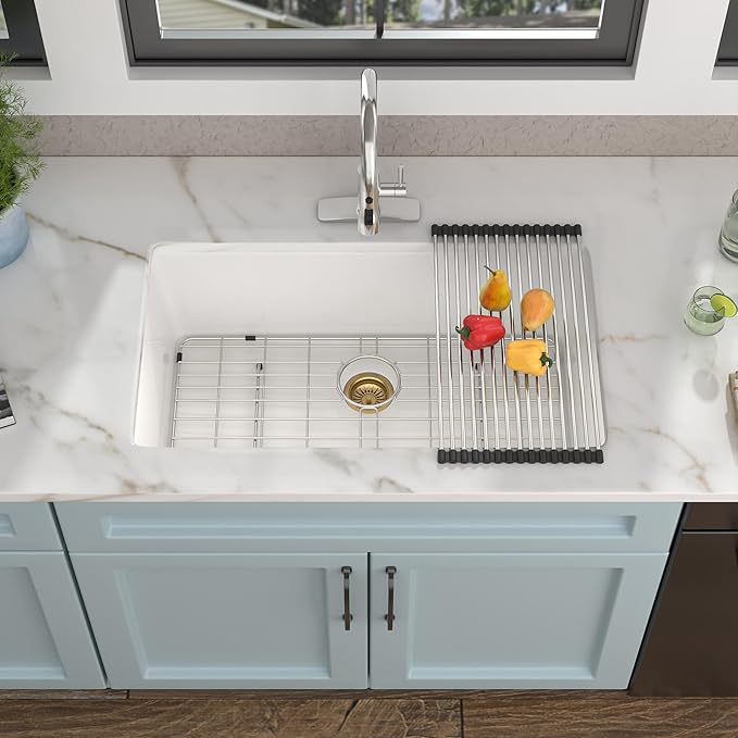 33 Granite Composite Kitchen Sink - Fulorni 33"×19" Granite Kitchen Sink Undermount White Quartz Classic Under Counter Single Bowl Sink Basin