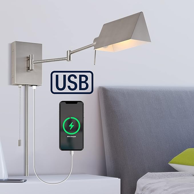 JONATHAN Y 22" Nickel Swing Arm Wall Sconce, Plug-in or Hardwired with USB Charging Port and Pull Chain, Iron Shade, Industrial LED Reading Lamp (JYL6015C)