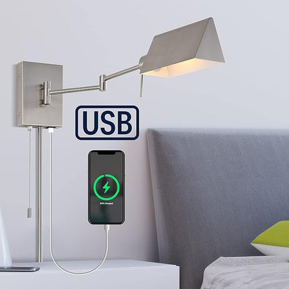 JONATHAN Y 22" Nickel Swing Arm Wall Sconce, Plug-in or Hardwired with USB Charging Port and Pull Chain, Iron Shade, Industrial LED Reading Lamp (JYL6015C)