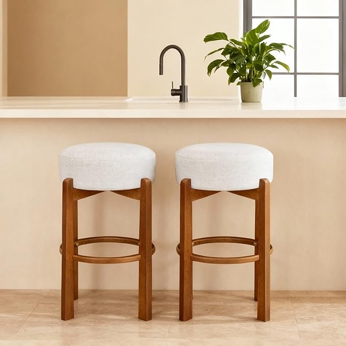 Set of 2 Bar Stools for Kitchen Island, Solid Rubberwood Counter Height Chairs with Dark Walnut Frame & Ivory Cushion, Mid-Century Modern Indoor Dining Stools with Footrest (2, Walnut)