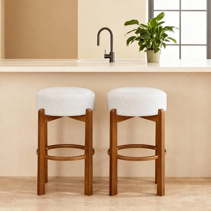 Set of 2 Bar Stools for Kitchen Island, Solid Rubberwood Counter Height Chairs with Dark Walnut Frame & Ivory Cushion, Mid-Century Modern Indoor Dining Stools with Footrest (2, Walnut)