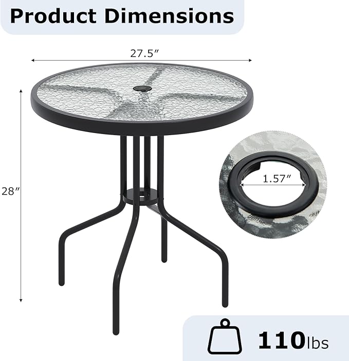 Giantex 27.5" Outdoor Bistro Table, Patio Round Dining Table w/Tempered Glass Tabletop & 1.57" Umbrella Hole, Heavy-Duty Metal Frame for Garden Yard Poolside Porch (27.5"x27.5"x28")