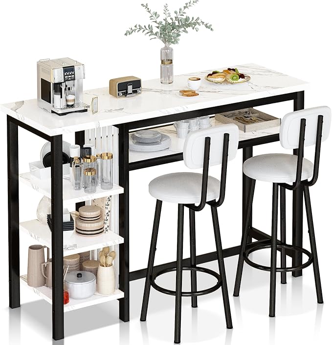 Lamerge Furniture Kitchen Bar Height Table and Chairs for 2, 5-Tier Compact Dining Room Table, White Faux Marble Top and 2 PU Leather Upholstered Seat Black Frame, Modern Dining Set for Home & Office