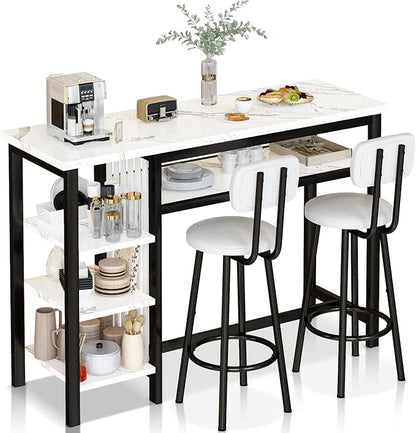 Lamerge Furniture Kitchen Bar Height Table and Chairs for 2, 5-Tier Compact Dining Room Table, White Faux Marble Top and 2 PU Leather Upholstered Seat Black Frame, Modern Dining Set for Home & Office