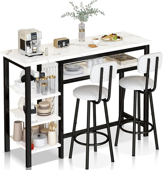 Lamerge Furniture Kitchen Bar Height Table and Chairs for 2, 5-Tier Compact Dining Room Table, White Faux Marble Top and 2 PU Leather Upholstered Seat Black Frame, Modern Dining Set for Home & Office