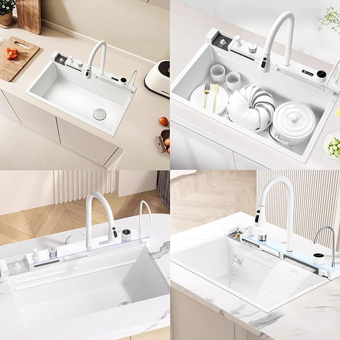Sinks Countertop or Embedded Single Bowl Stainless Steel Kitchen Sink with Drain basket, cutting board, vegetable sink, multi-function pull-out faucet set (White, 29.5x18x9 In)