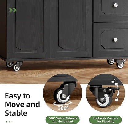 Rolling Kitchen Island Cart with Drop Leaf, Portable Kitchen Trolley with Storage Cabinet, Drawer, Shelf and Towel Bar, Breakfast Bar on Wheels for Home Use, Sleek Black