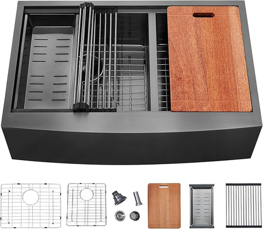 SHACO Double Bowl 60/40 Black Farmhouse Sink, 33x22 Inch Stainless Steel Apron Front Divided Double Basin Farmhouse Kitchen Sink, Gunmetal Black Farm Workstation Sink