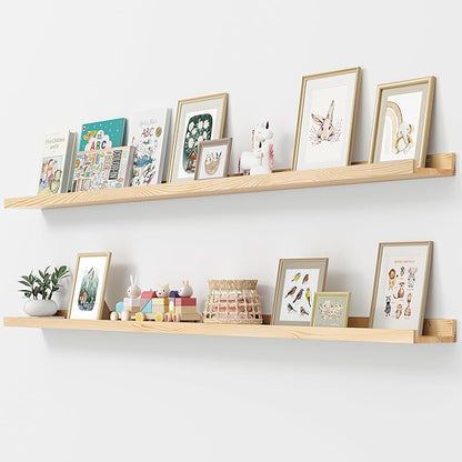 FLYJOE Picture Ledge Shelf, Floating Shelves Set of 2, Solid Ash Wood 72'' Long Large Nursery Book Shelves for Toys Storage, Kids Bookshelf for Living Room Bedroom Decor Books Photo Frames, Natural