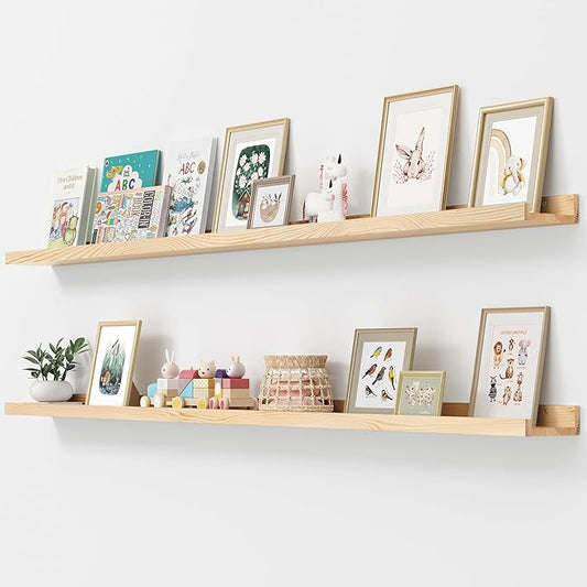 FLYJOE Picture Ledge Shelf, Floating Shelves Set of 2, Solid Ash Wood 72'' Long Large Nursery Book Shelves for Toys Storage, Kids Bookshelf for Living Room Bedroom Decor Books Photo Frames, Natural