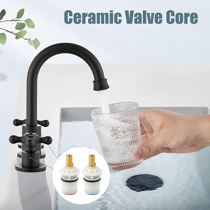 Aolemi 8 Inch 3 Holes Widespread Bathroom Sink Faucet Double Cross Handle SUS304 360 Degree Swivel Spout with Pop Up Drain Deck Mount Lavatory Mixer Tap Matte Black