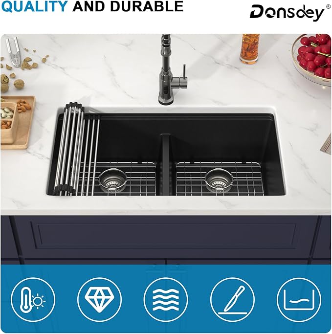 33 Inch Black Undermount Granite Composite Kitchen Sink- Under Counter Quartz Double Bowl Workstation Sinks with Accessories Quick Drain Noise Reduction Classic Style