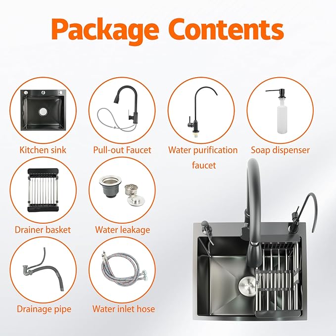 19.7x17.7in Black Kitchen Basin, Drop-In Sink with Pull-Down Faucet and Multiple Accessories, Stainless Steel Topmount Single-Bowl Workstation with Sliding Accessories for Modern Kitchens, Farm