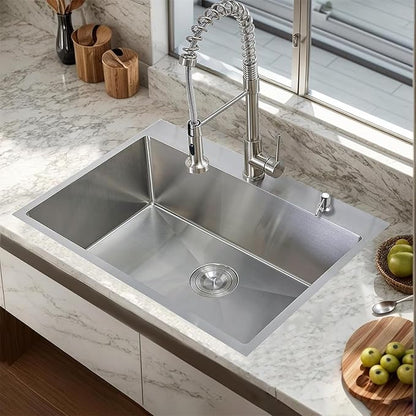 VAPSINT 28 Inch Drop in Kitchen Sink, 28x18 Inch Top Mount 16 Gauge Commercial T304 Stainless Steel Sink for Kitchen, 9 Inch Deep Handmade Single Bowl Basin Laundry Utility Wet Prep Sink, Fregadero