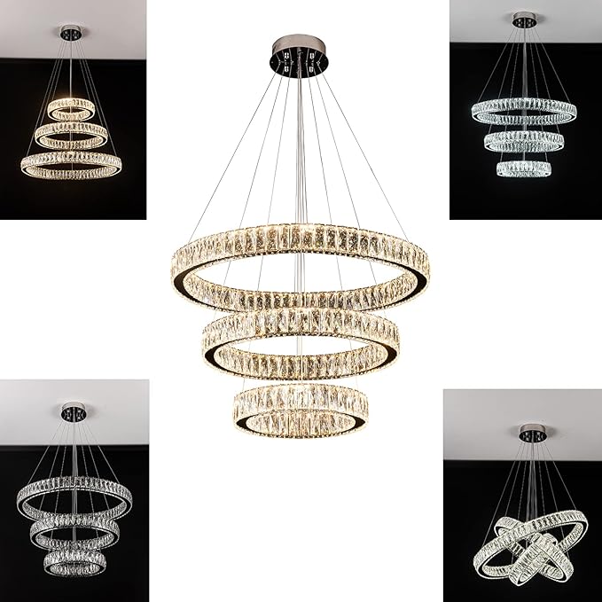 3 Rings Crystal Chandeliers 32"+24"+16" Crystal Ceiling Light Fixture Pendant Lighting Hanging Lamp for Living Room LED Dimmable 3000-6000K