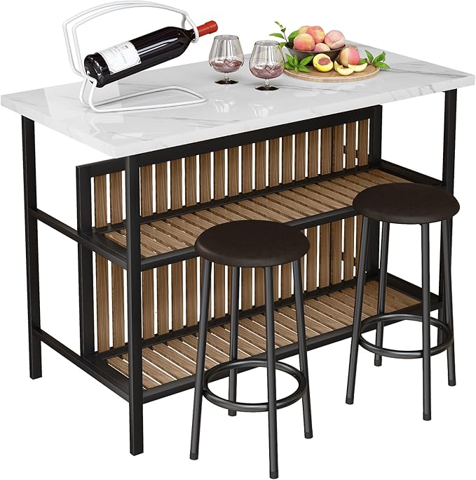 AWQM Kitchen Island with Seating & Storage Shelf, Faux Marble Island Table for Kitchen, Modern Bar Table and Chairs Set for 2,Dining Table Set for Small Space,White