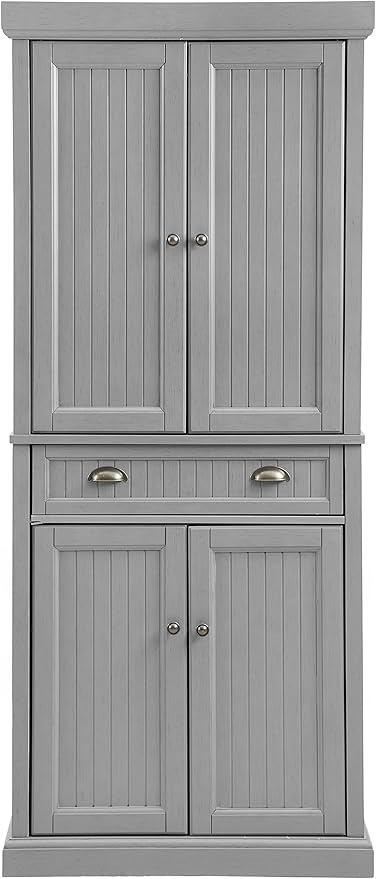 Crosley Furniture Seaside Coastal Pantry Storage Cabinet with Shelves, Kitchen, Dining, or Laundry Room, Distressed Gray