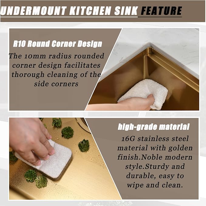 28 Inch Gold Undermount Kitchen Sink,28x18 Undermount Stainless Steel Kitchen Sink Brushed Gold Workstation 16 Gauge 10" Deep Single Bowl Kitchen Sinks with Accessories