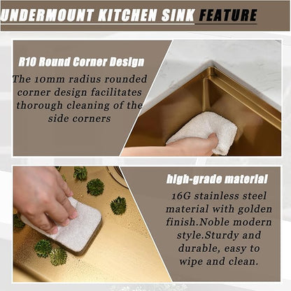 28 Inch Gold Undermount Kitchen Sink,28x18 Undermount Stainless Steel Kitchen Sink Brushed Gold Workstation 16 Gauge 10" Deep Single Bowl Kitchen Sinks with Accessories