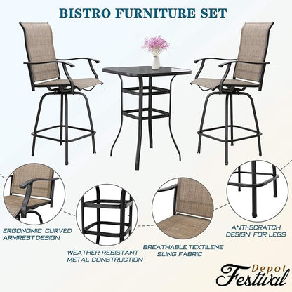 Festival Depot 40" Bar Height Outdoor Patio Bistro Table Metal Square Side Table Tempered Glass Top All Weather (31.5"x 31.5"x 41.2"H)