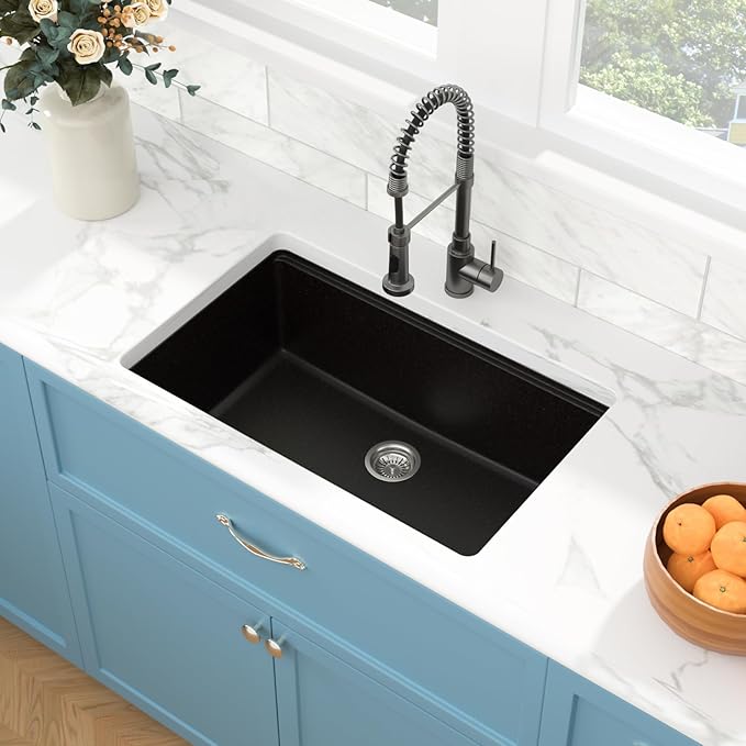 Sarlai 30 Granite Composite Kitchen Sink - 30"x19" Black Undermount Kitchen Sink Ledge Workstation Matte Black Granite Quartz Composite Under-Mount Single Bowl Sinks Basin with Accessories