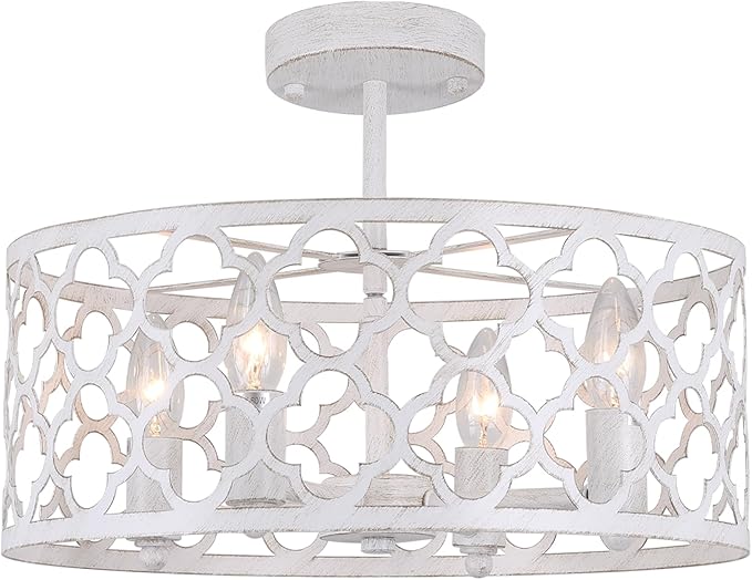 Bargeni Farmhouse Chandelier,15 inch Rustic Ceiling Light Fixture,Antique White Finish,4-Light Dining Room Light Fixture for Kitchen Island,Bedroom,Entryway,Foyer