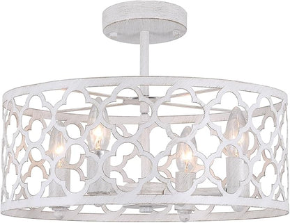 Bargeni Farmhouse Chandelier,15 inch Rustic Ceiling Light Fixture,Antique White Finish,4-Light Dining Room Light Fixture for Kitchen Island,Bedroom,Entryway,Foyer