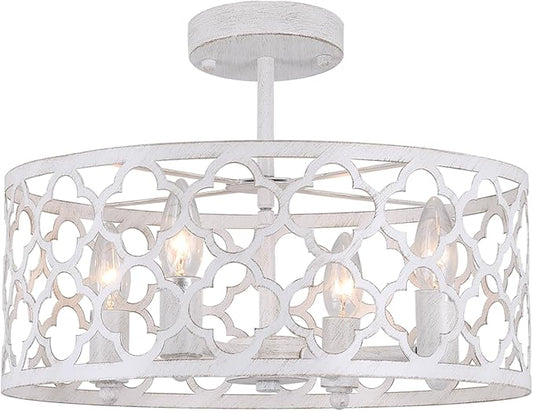Bargeni Farmhouse Chandelier,15 inch Rustic Ceiling Light Fixture,Antique White Finish,4-Light Dining Room Light Fixture for Kitchen Island,Bedroom,Entryway,Foyer