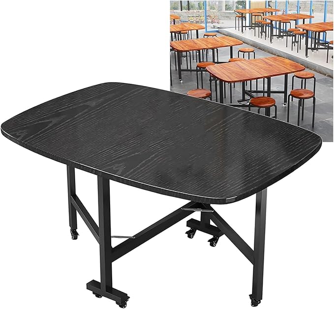 Solid Wooden Foldable Kitchen Table with 6 Wheels, Solid Wooden Foldable Kitchen Table with Carbon Steel Pipe Bracket, Space Saving Butterfly Drop Leaf, Versatile Collapsible Extendable Table(Black,47